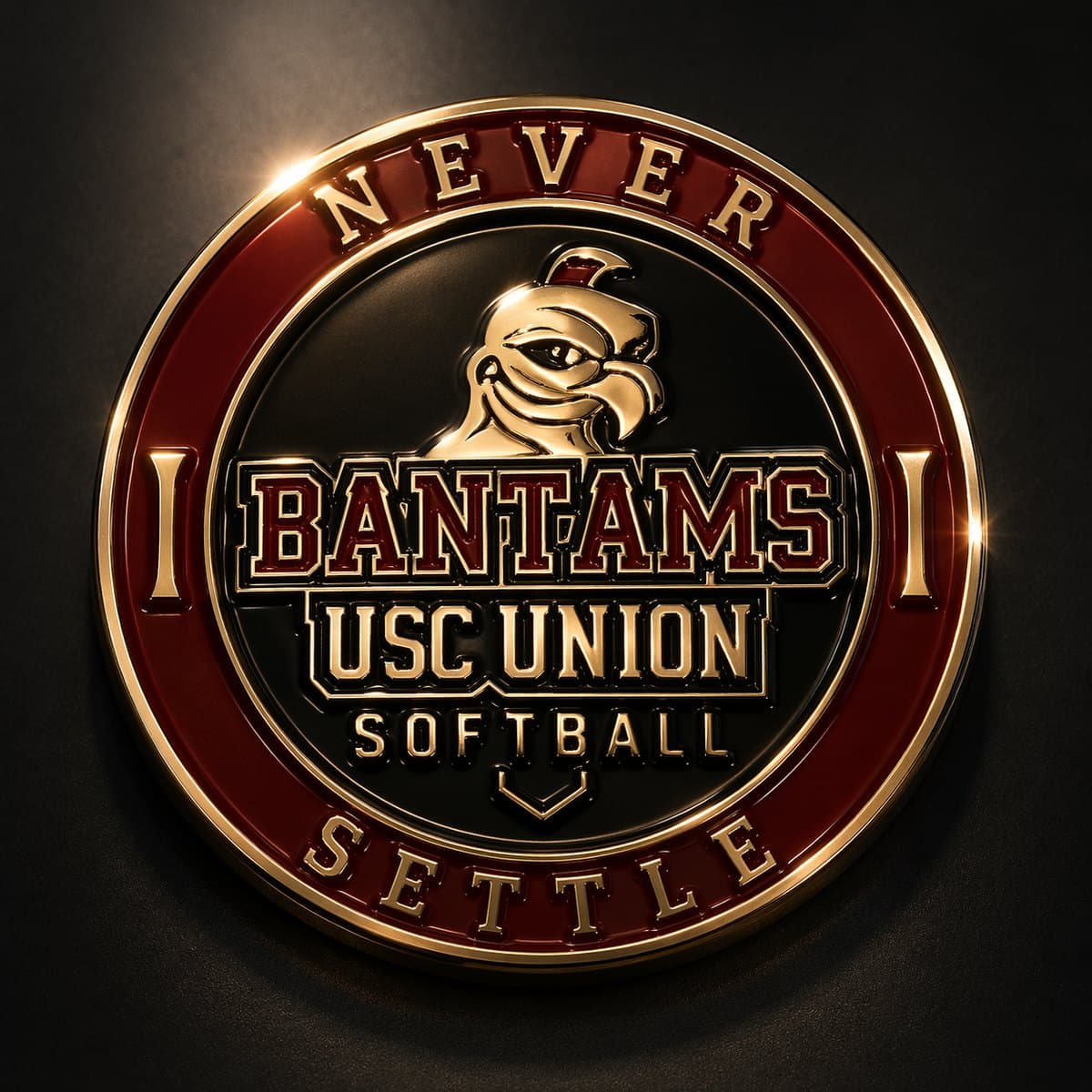 Custom team challenge coin with a mascot in the center and a polished metal rim