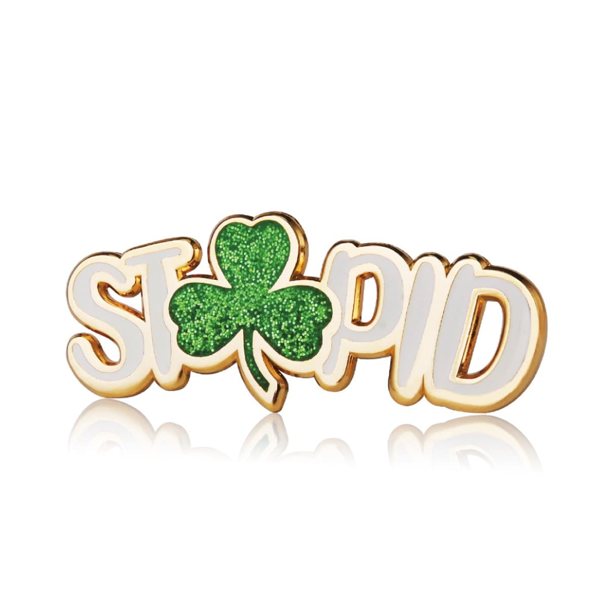 Finished custom hard enamel lapel pin with a green glitter accent ready to ship