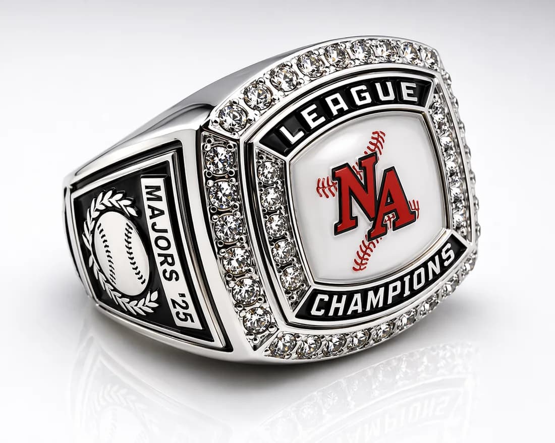 Baseball Champion Rings by Colucci Custom Awards — a finished ring photographed in the workshop