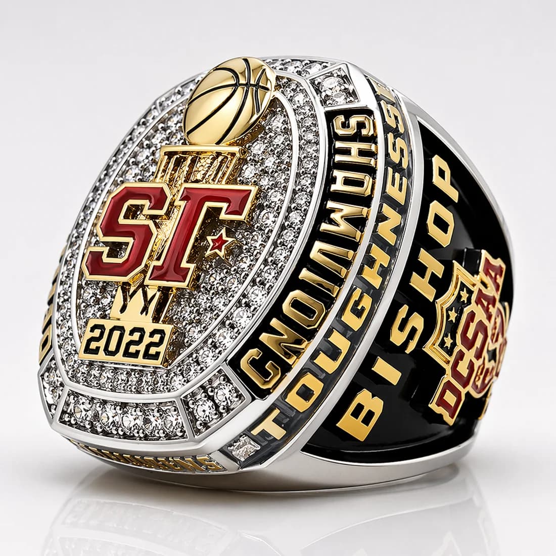 Basketball Champion Rings by Colucci Custom Awards — a finished ring photographed in the workshop