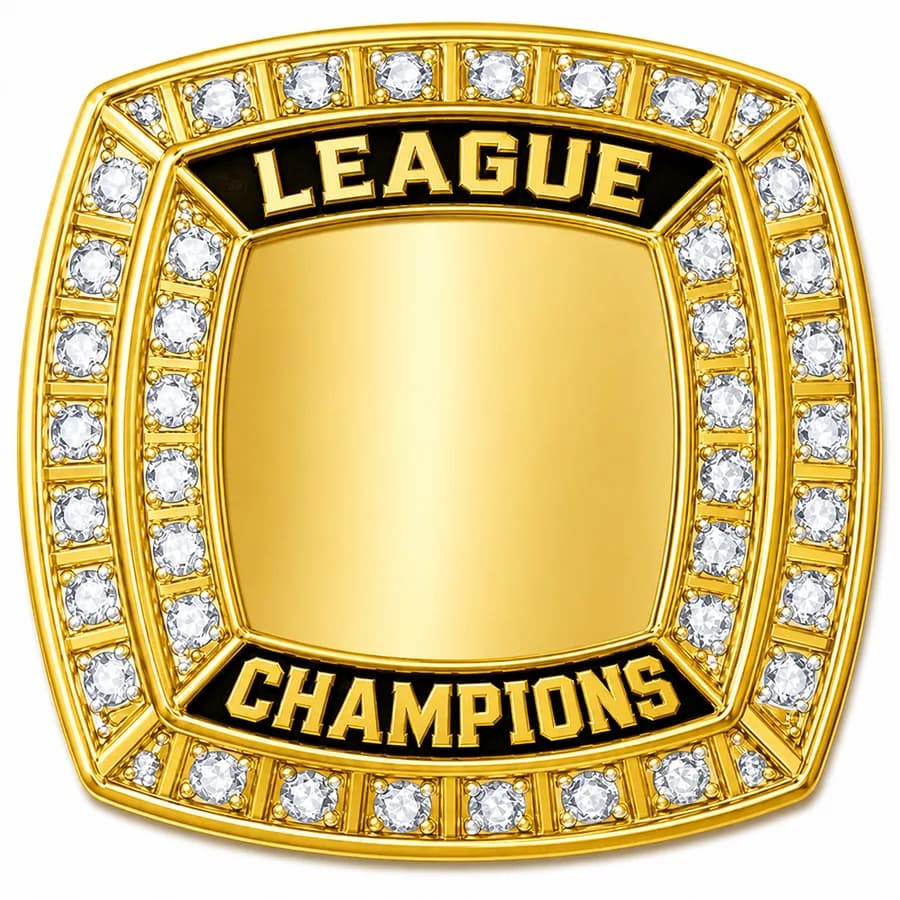 Bowling Champion Rings by Colucci Custom Awards — LEAGUE or HOUSE CHAMPIONS across the top, average and series on the sides