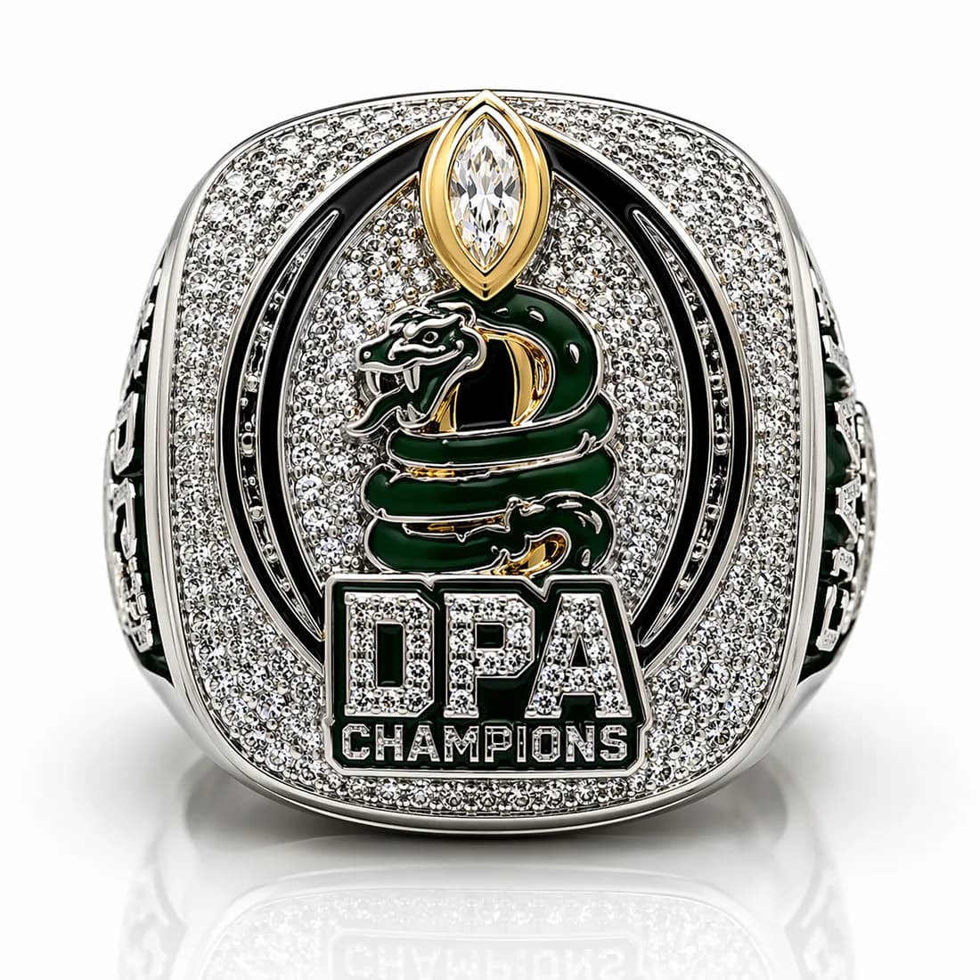 Football Champion Rings by Colucci Custom Awards — a finished ring photographed in the workshop