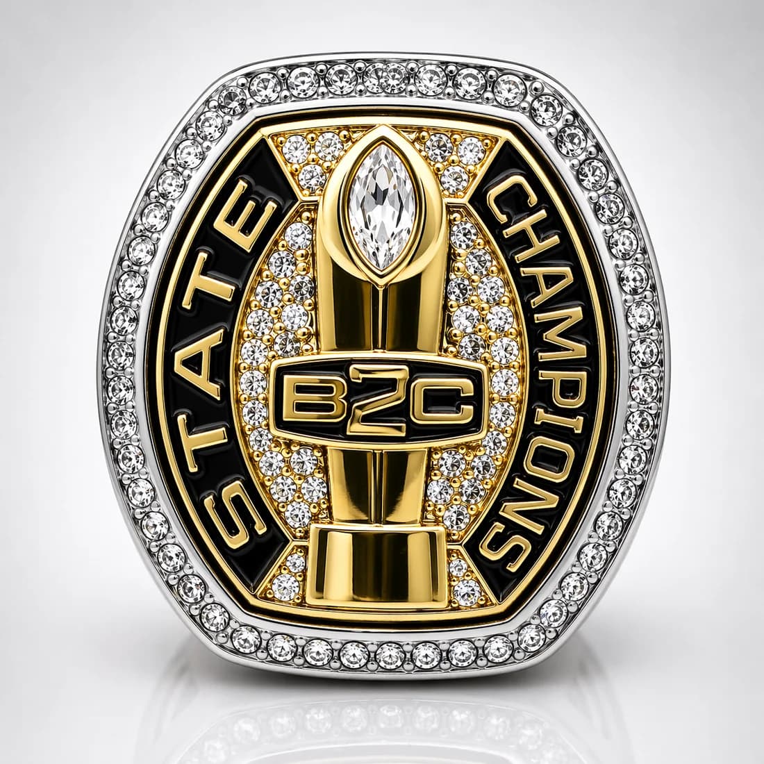 High School Football State Champion Rings by Colucci Custom Awards — a finished ring photographed in the workshop
