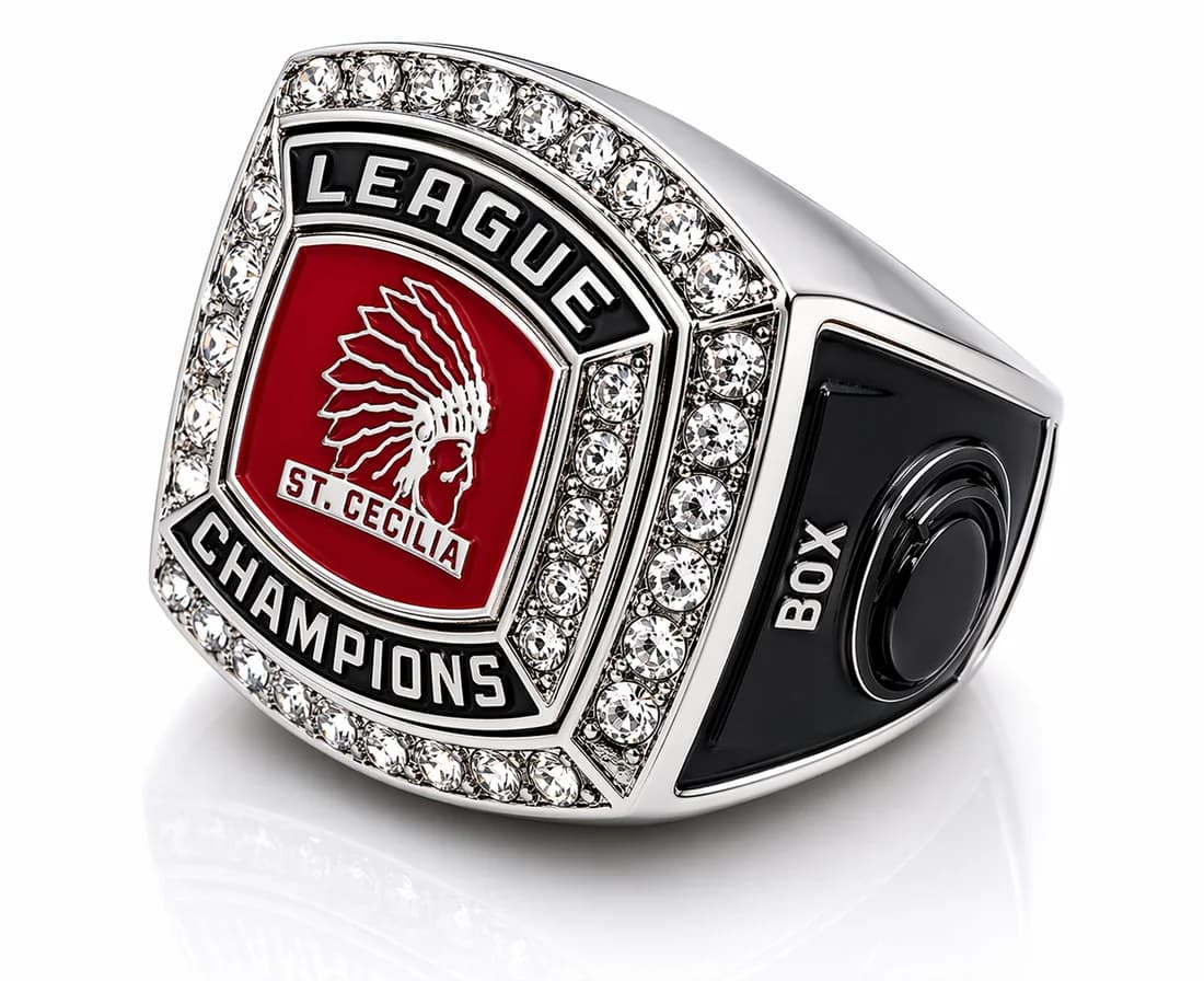Finished custom championship ring by Colucci Custom Awards, shown here as a league champions ring. Your own artwork replaces the design shown.