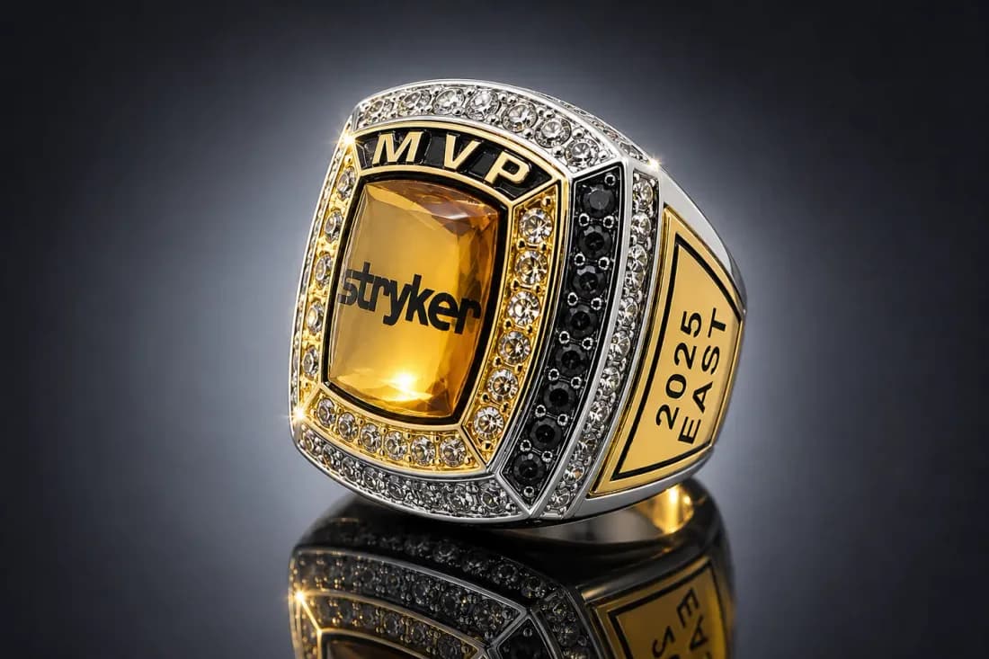 Softball MVP Rings by Colucci Custom Awards — a finished ring photographed in the workshop