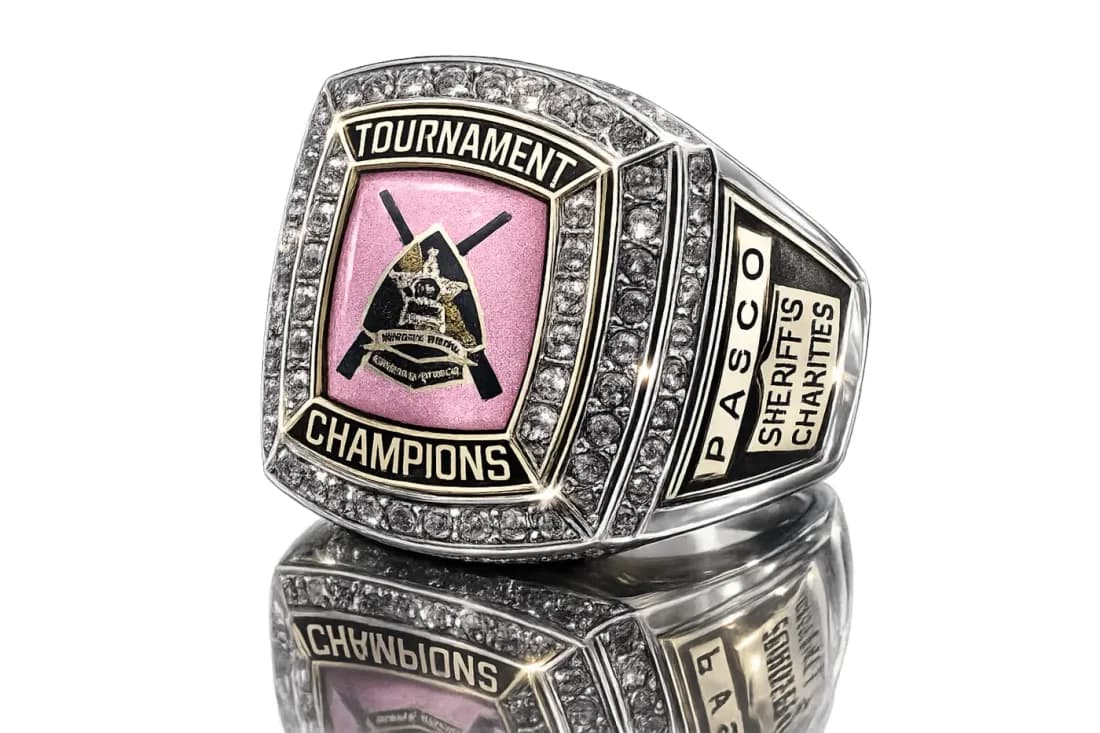 Softball Champion Rings by Colucci Custom Awards — a finished ring photographed in the workshop
