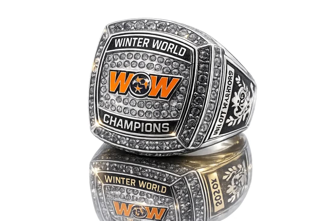 Finished custom championship ring by Colucci Custom Awards, shown here as a Winter World Champions ring. Your own artwork replaces the design shown.