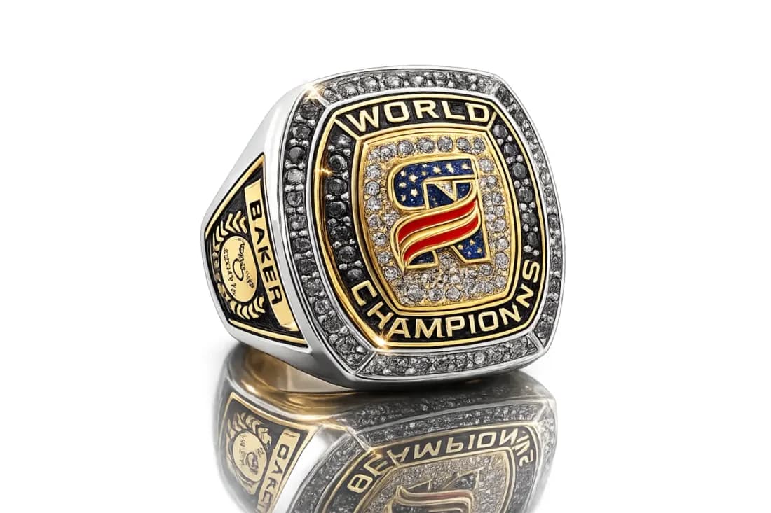 Finished custom championship ring by Colucci Custom Awards, shown here as a World Champion ring. Your own artwork replaces the design shown.