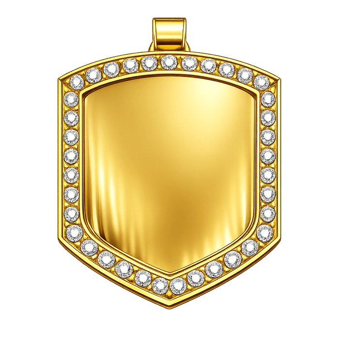 Six inch gold championship shield medallion with a stone-set border and a chain bail